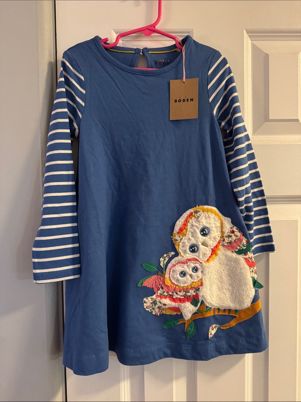 Mini Boden Blue Long-Sleeve Dress Top with Striped Sleeves and Owl Appliqué